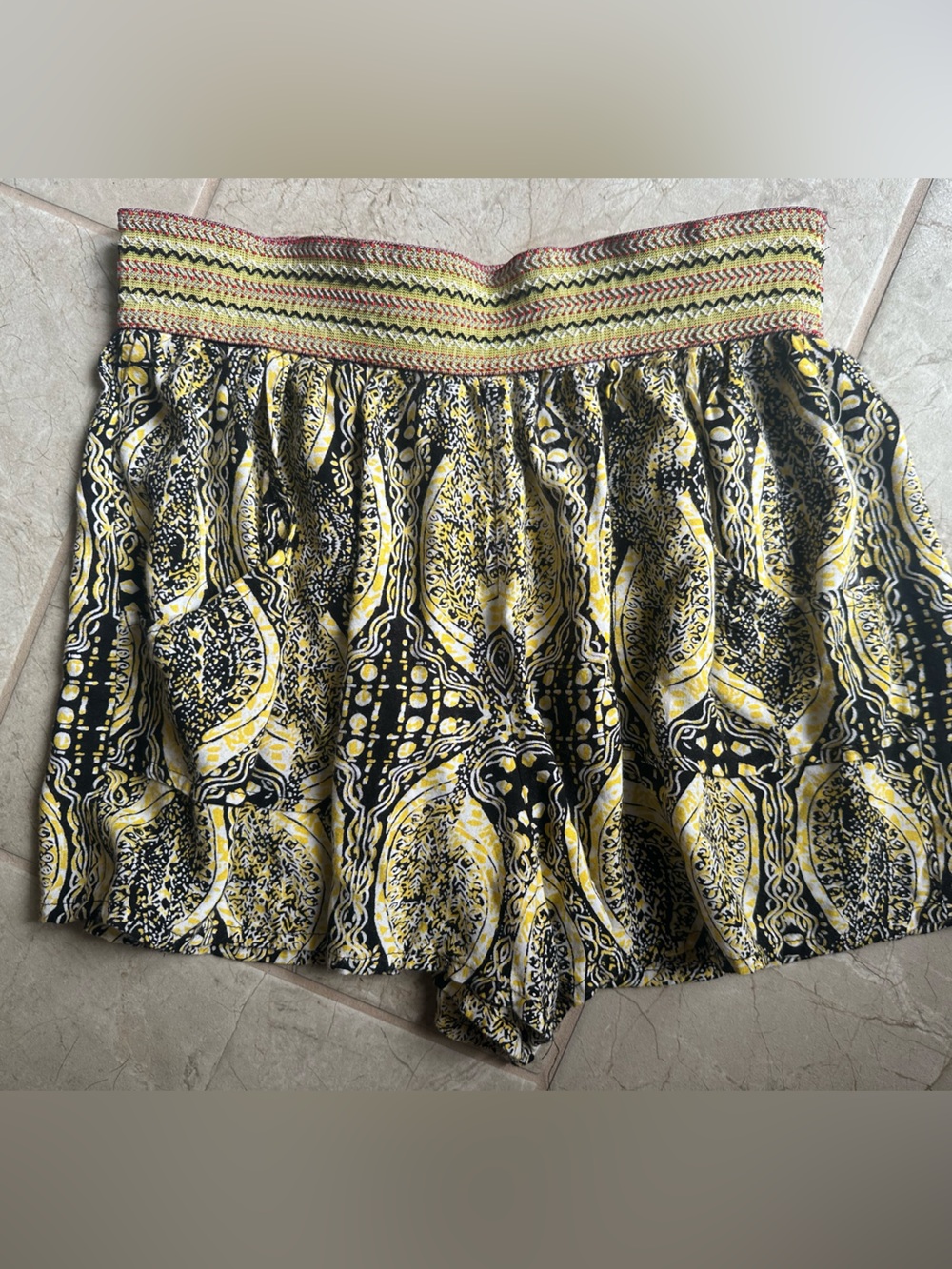 Angie M black yellow paisley boho shorts front pockets dress or casual flowy